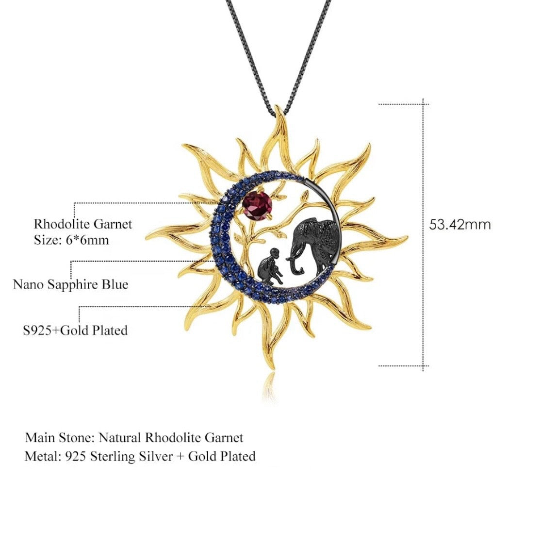 Rhodolite Garnet Sun Motif Necklace