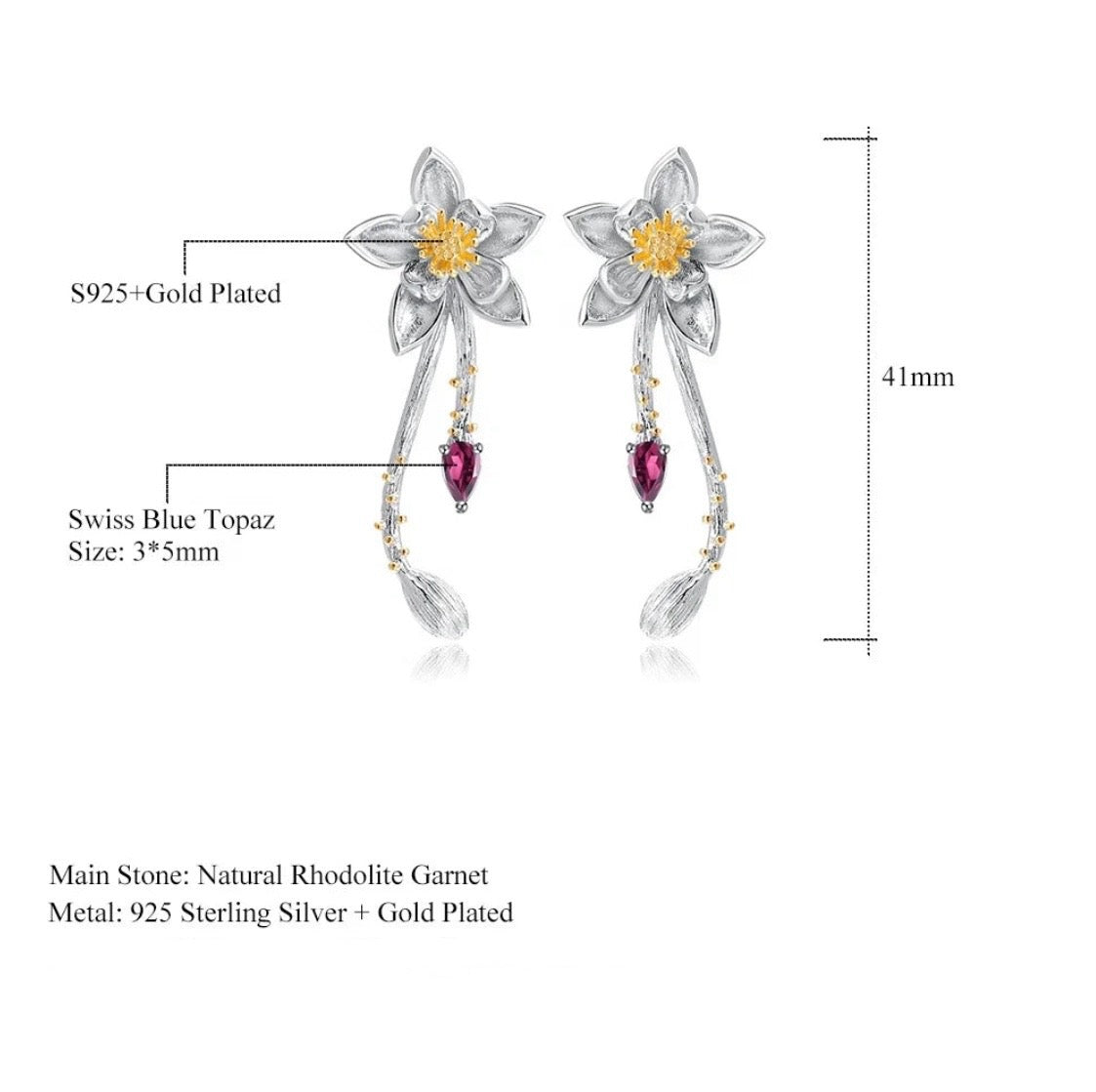 Rhodolite Garnet Handmade Flower Earrings