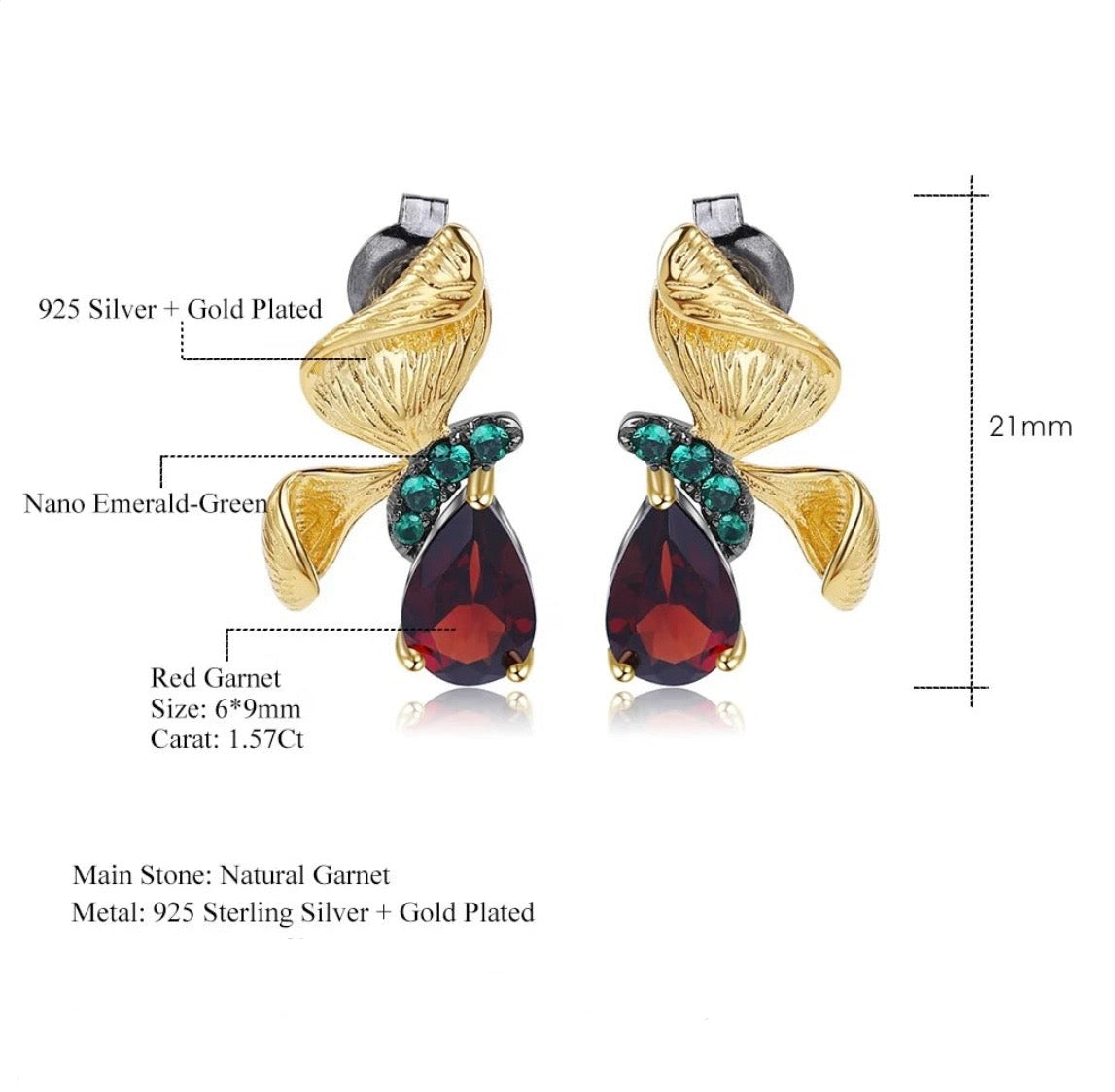 Garnet flower motif earrings