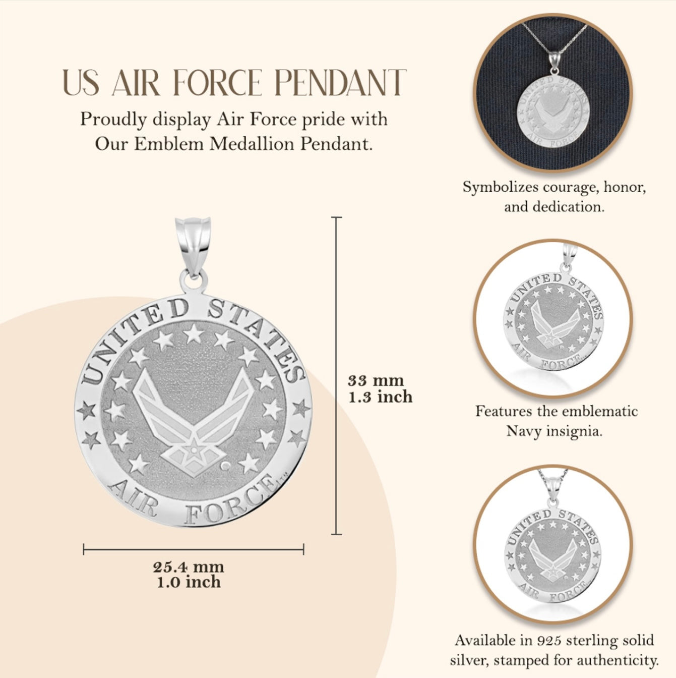 925 Sterling Silver United States Air Force Emblem Officially Licensed Medallion Pendant Chain