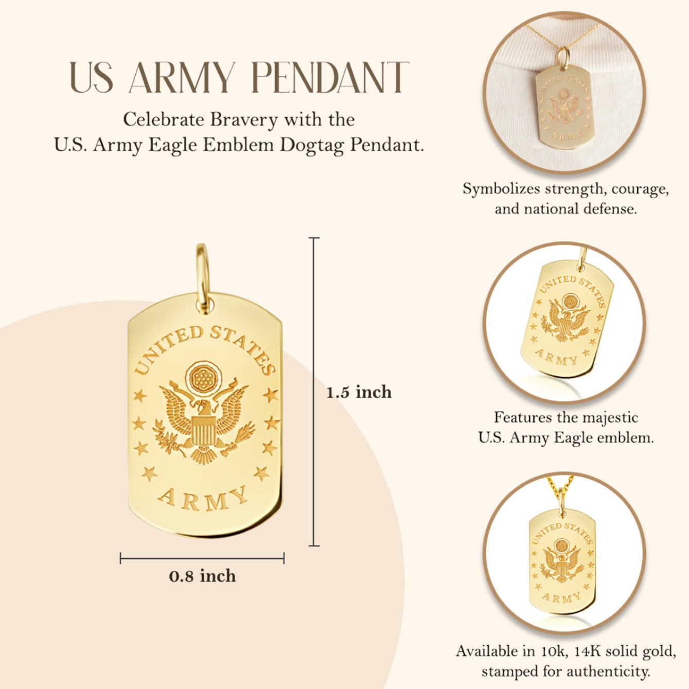 Gold United States Army Eagle Emblem Officially Licensed Dogtag Pendant Chain