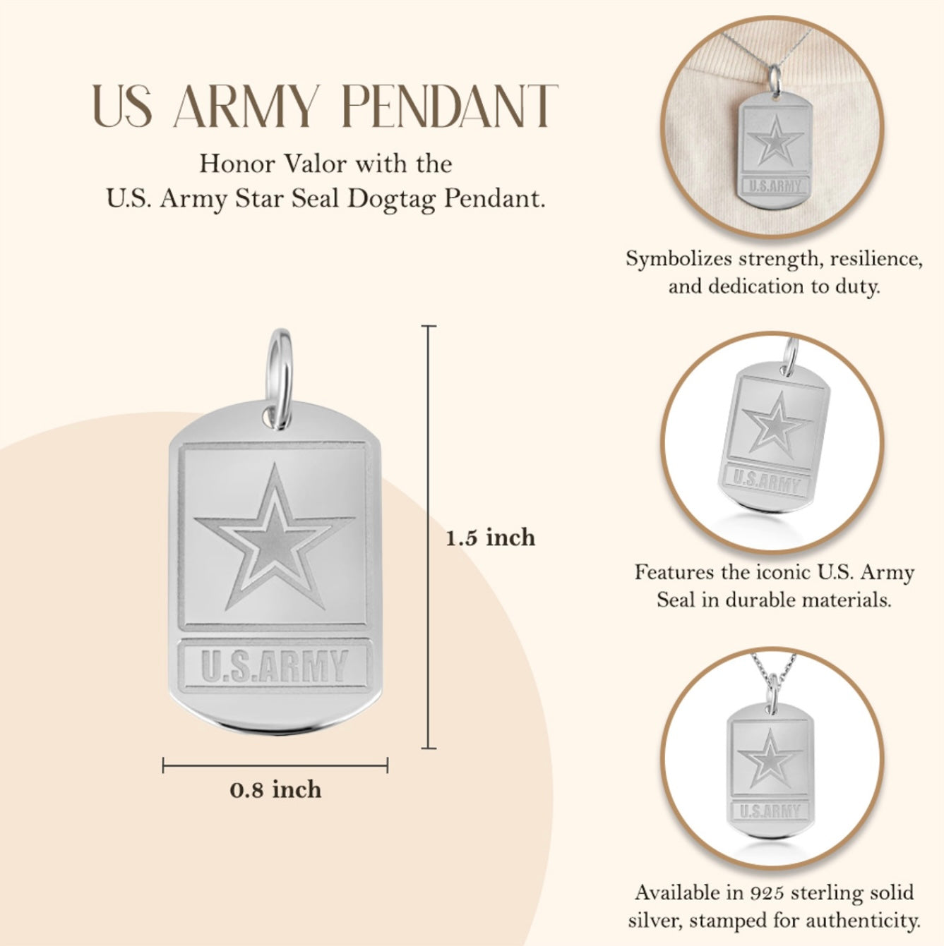 925 Sterling Silver United States Army Star Seal Officially Licensed Tag Pendant