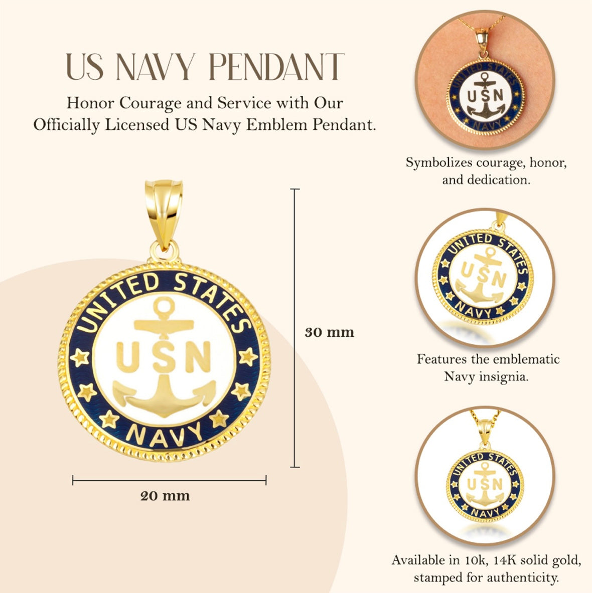 Solid Gold United States Navy Emblem Officially Licensed Medallion Pendant Chain
