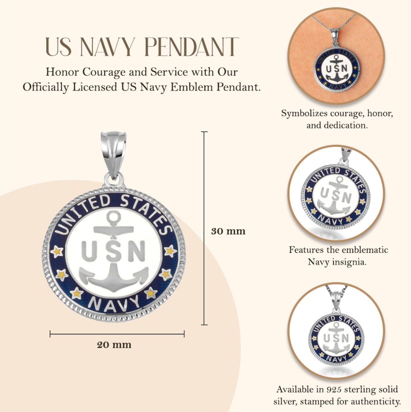 925 Sterling Silver United States Navy Emblem Officially Licensed Medallion