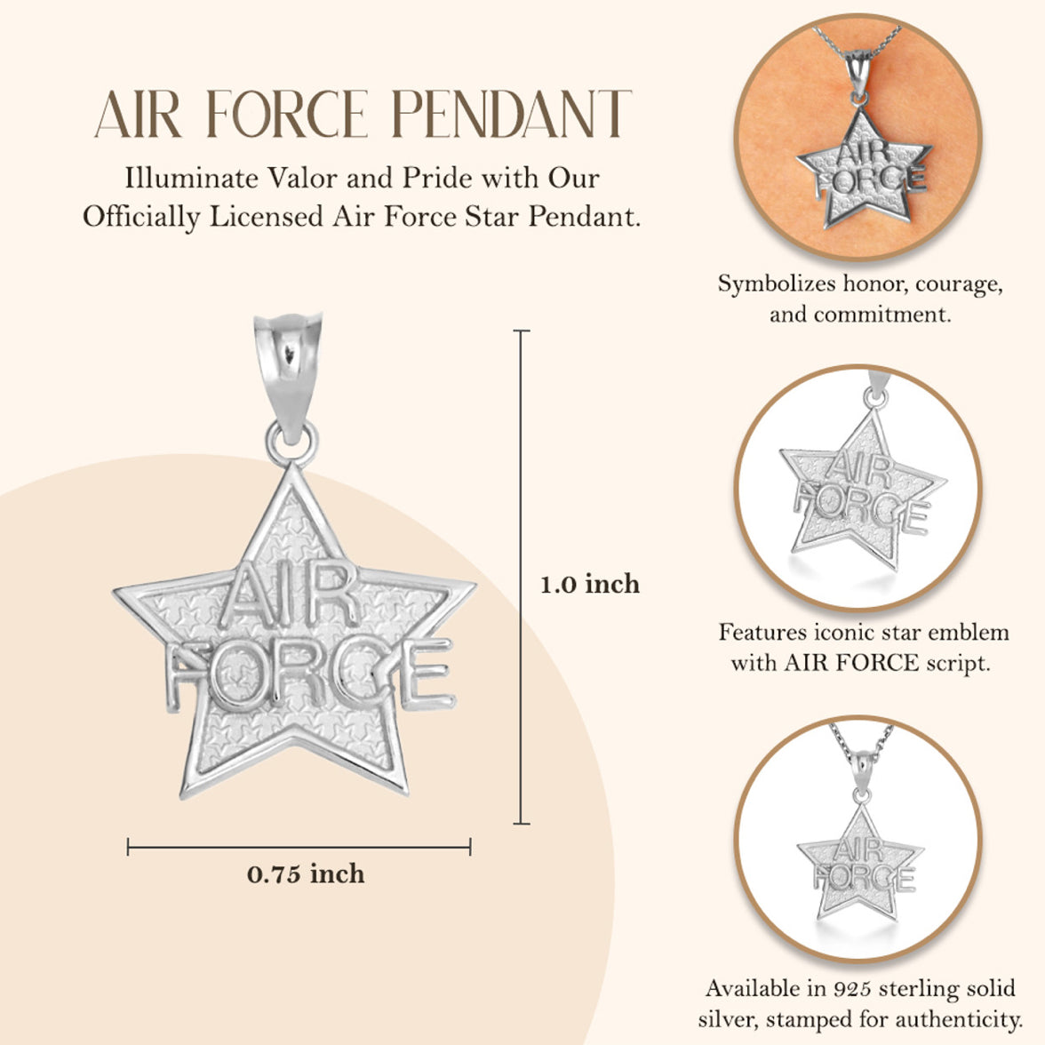 925 Sterling Silver United States Air Force Star Officially Licensed Pendant Chain