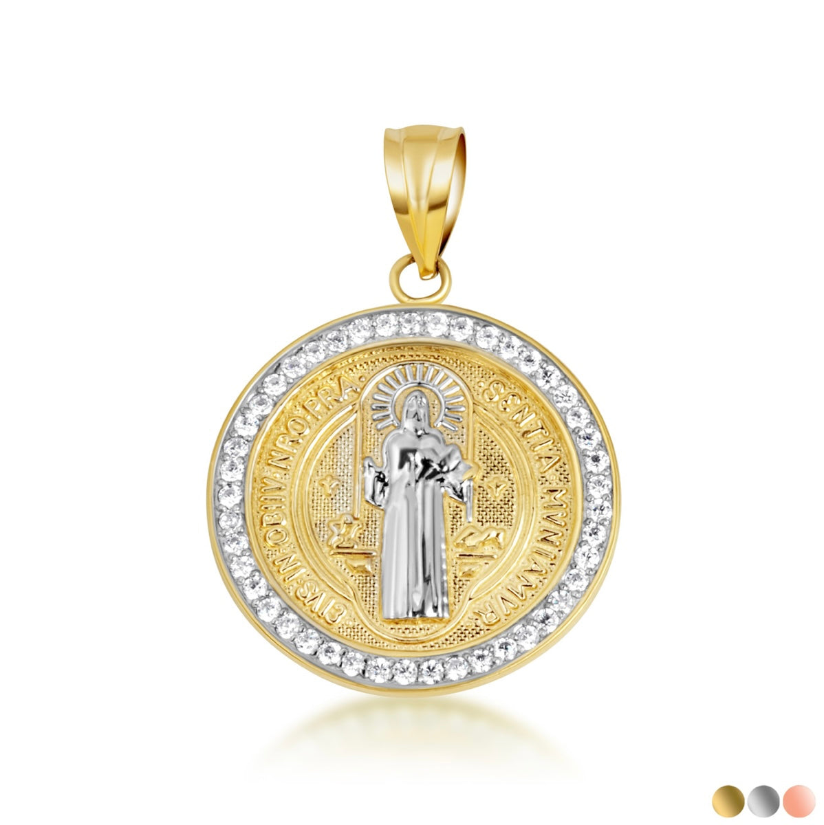 Two-Tone Gold Saint Benedict Cubic Zirconia Halo Medallion Pendant Chain