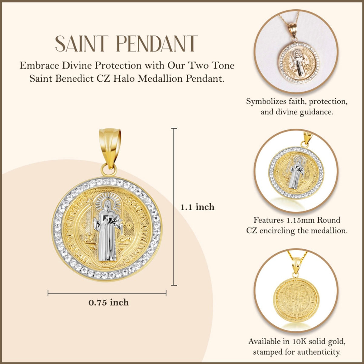 Two-Tone Gold Saint Benedict Cubic Zirconia Halo Medallion Pendant Chain