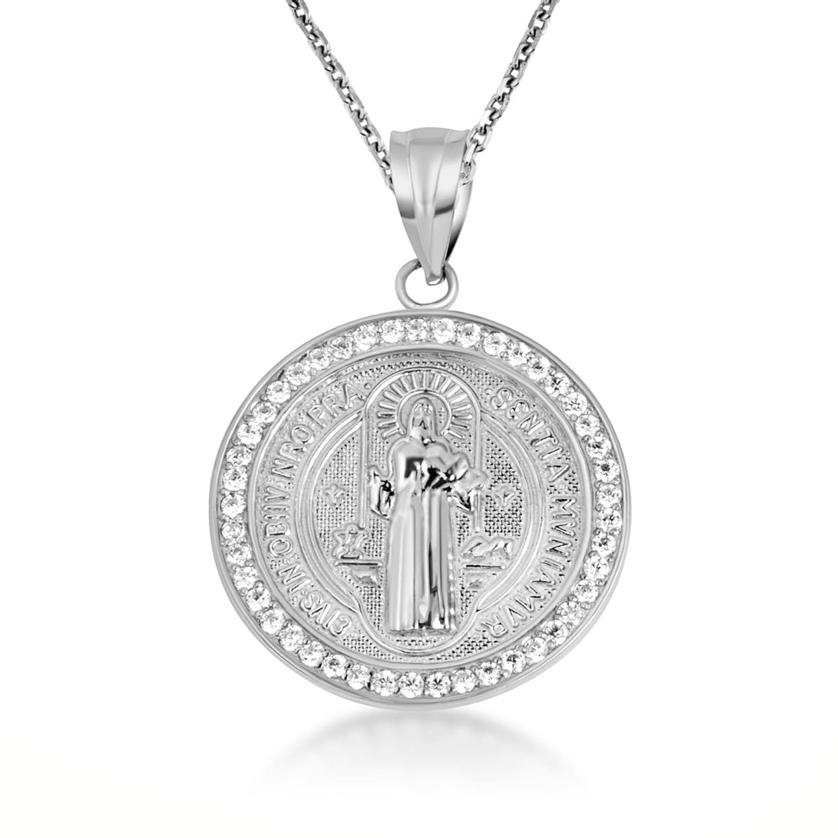 Two-Tone Gold Saint Benedict Cubic Zirconia Halo Medallion Pendant Chain