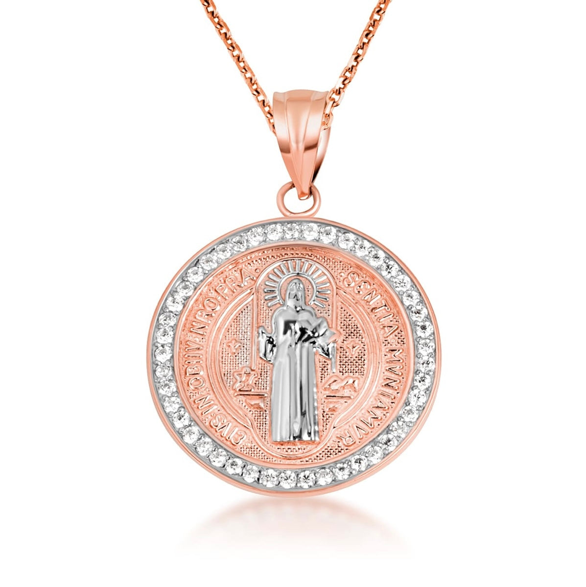 Two-Tone Gold Saint Benedict Cubic Zirconia Halo Medallion Pendant Chain