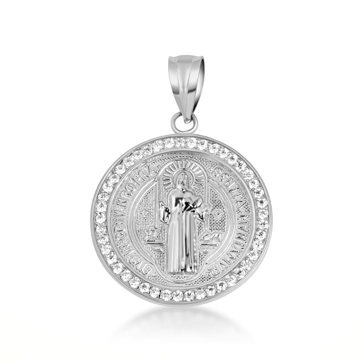 Two-Tone Gold Saint Benedict Cubic Zirconia Halo Medallion Pendant Chain