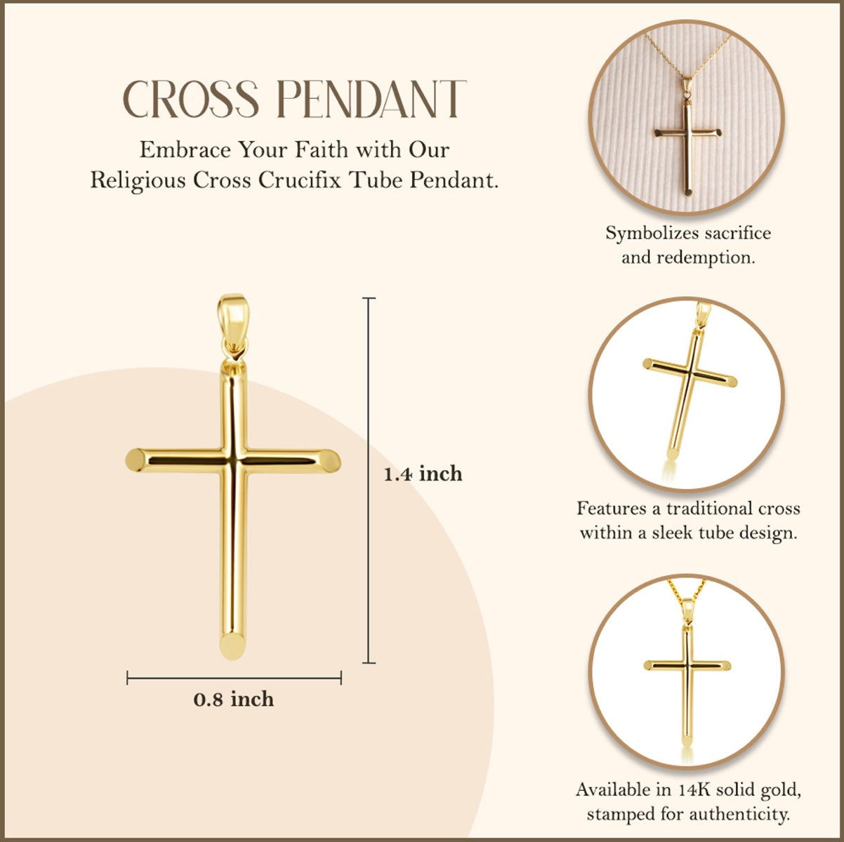 14K Gold Religious Cross Crucifix Tube Pendant Chain