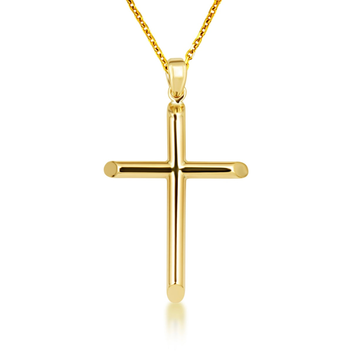 14K Gold Religious Cross Crucifix Tube Pendant Chain