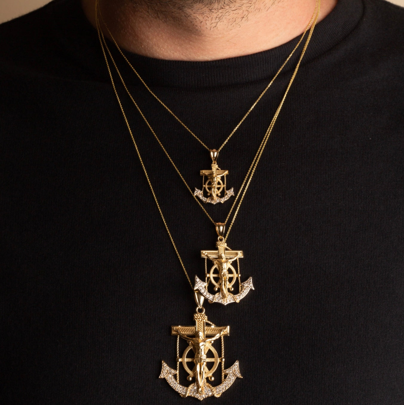 Two-Tone Gold Studded Mariner Cross Crucifix Anchor Jesus Christ Pendant Chain