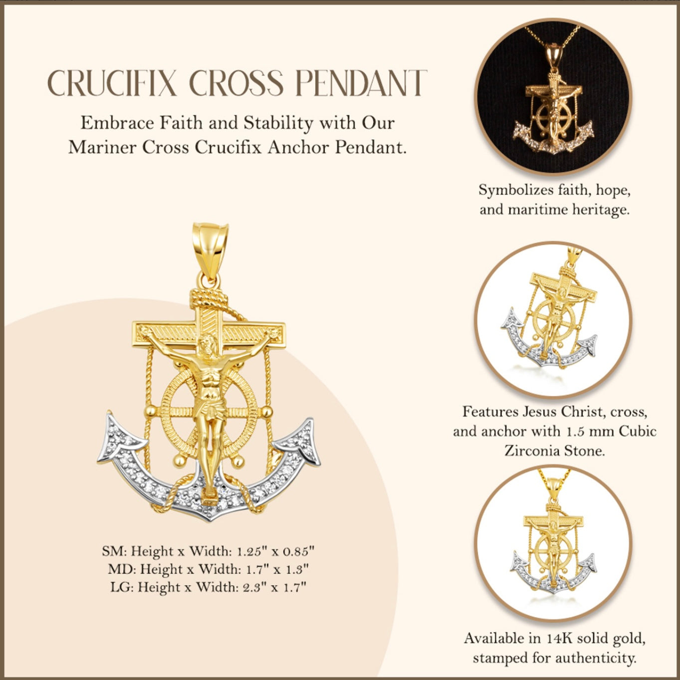 Two-Tone Gold Studded Mariner Cross Crucifix Anchor Jesus Christ Pendant Chain