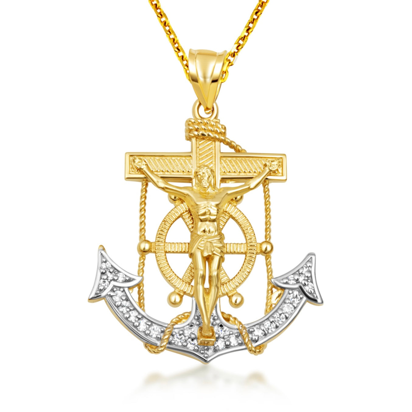 Two-Tone Gold Studded Mariner Cross Crucifix Anchor Jesus Christ Pendant Chain