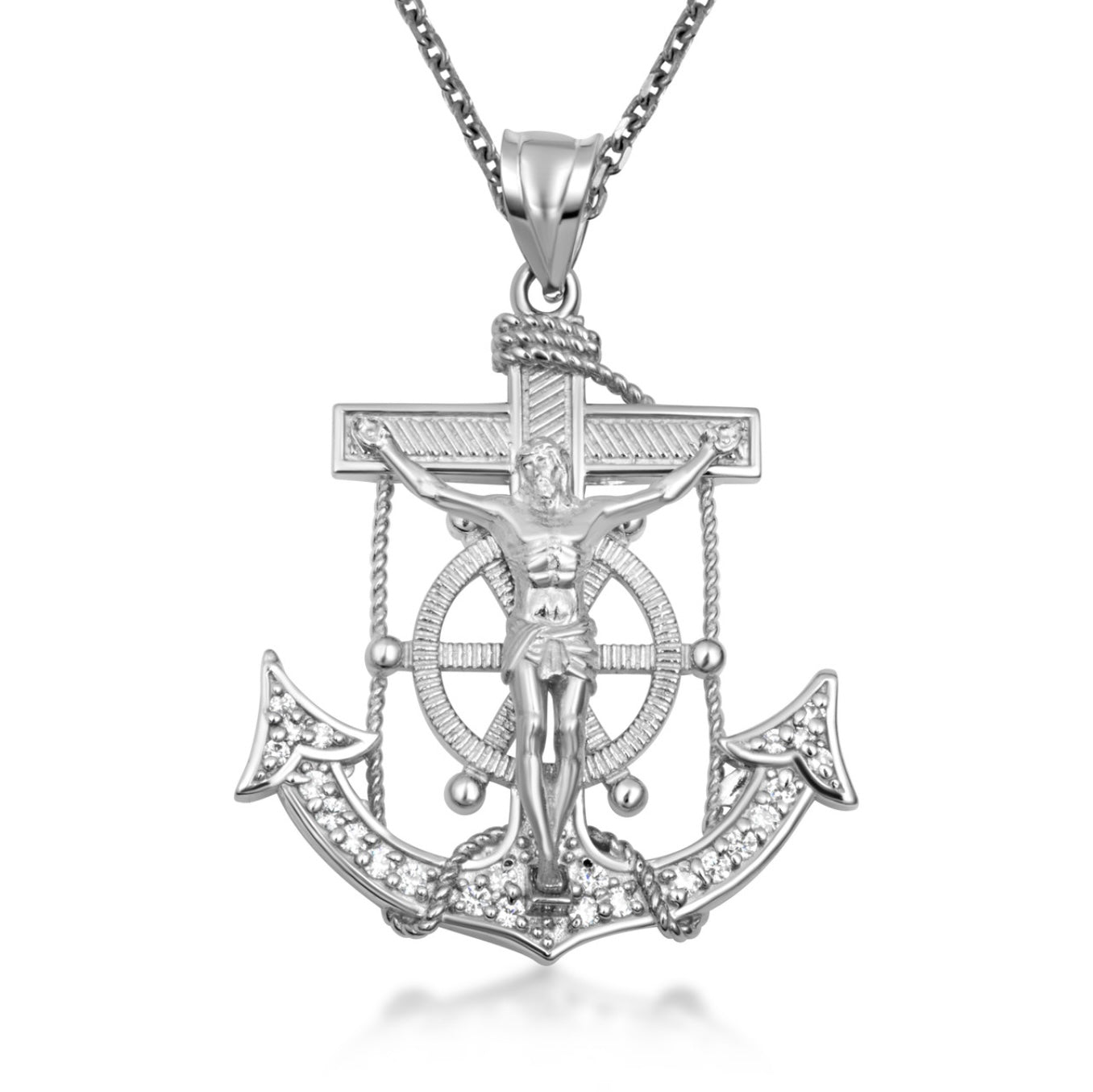 Two-Tone Gold Studded Mariner Cross Crucifix Anchor Jesus Christ Pendant Chain