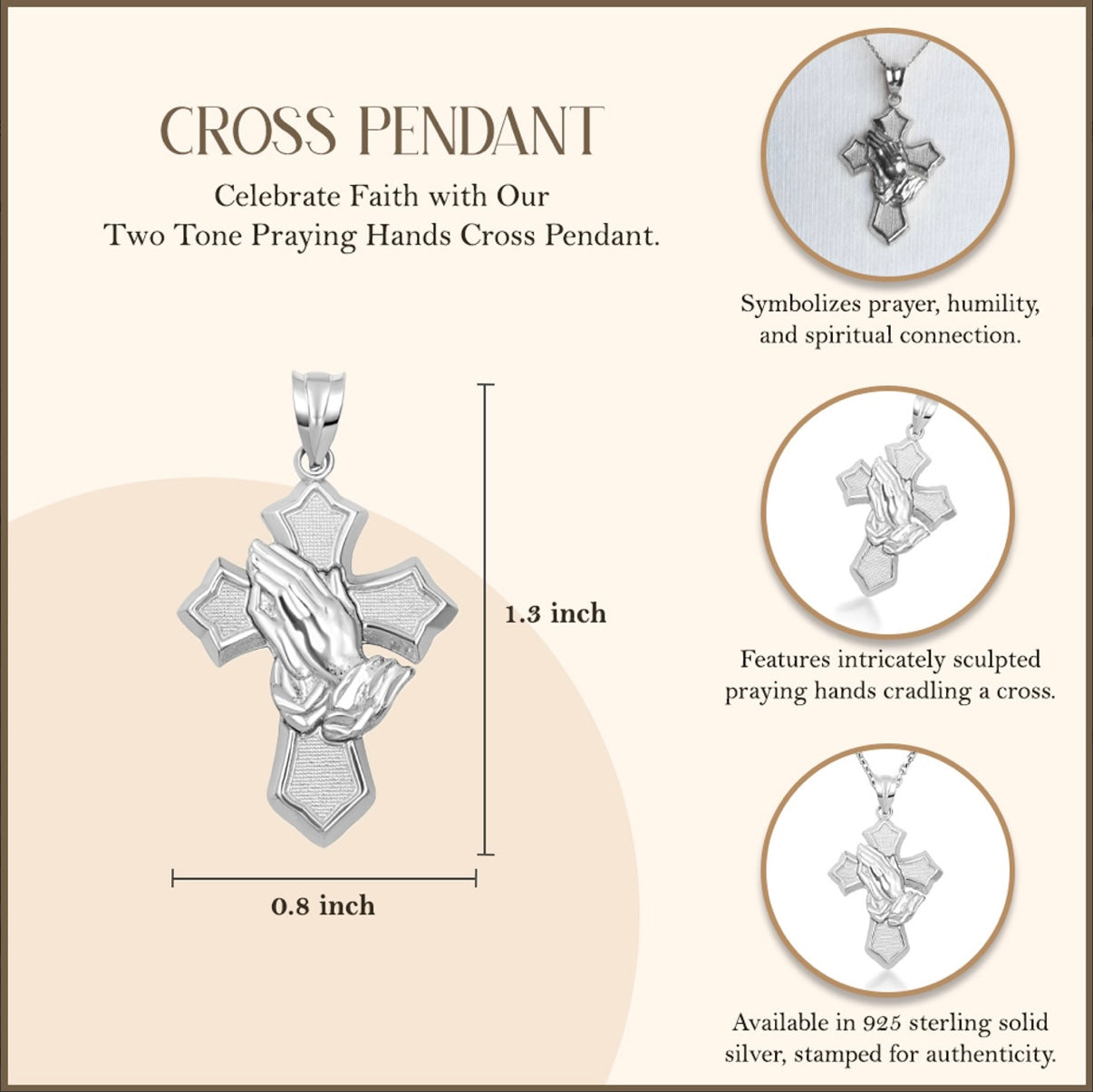 925 Sterling Silver Praying Hands Cross Pendant Chain