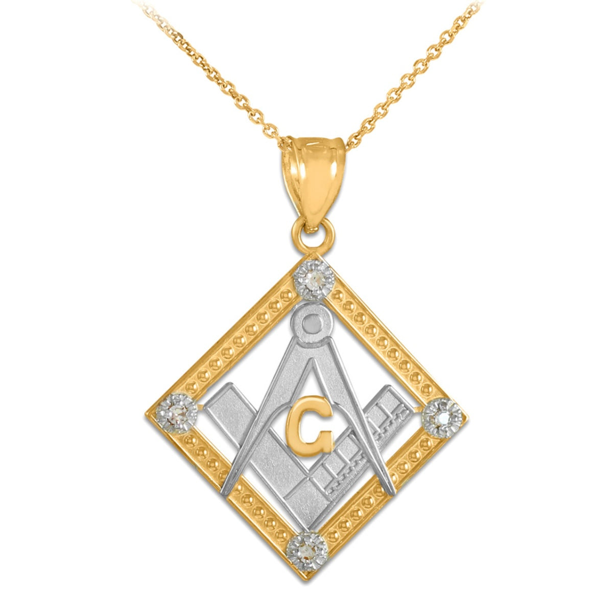 Two-Tone Gold Freemason CZ Square & Compass Diamond Shaped Pendant Chain