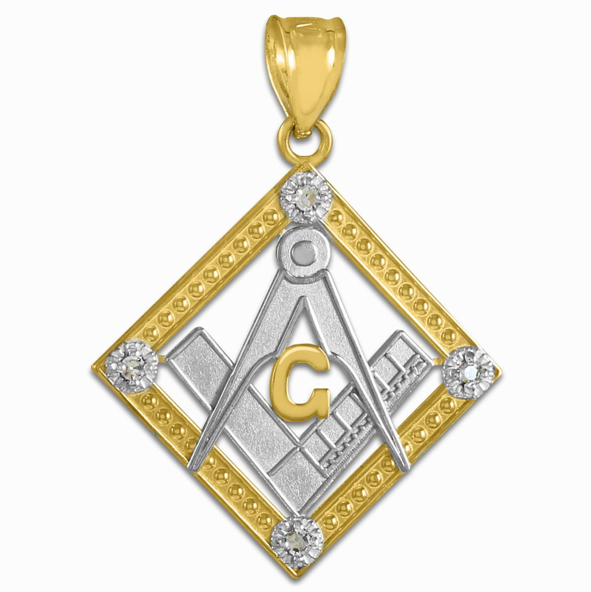 Two-Tone Gold Freemason CZ Square & Compass Diamond Shaped Pendant Chain