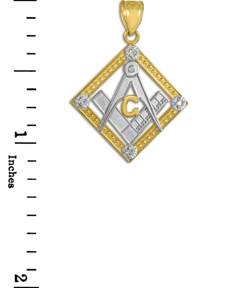 Two-Tone Gold Freemason CZ Square & Compass Diamond Shaped Pendant Chain