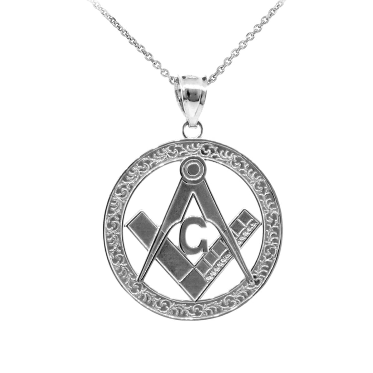 925 Sterling Silver Freemason Square & Compass Round Filigree Pendant
