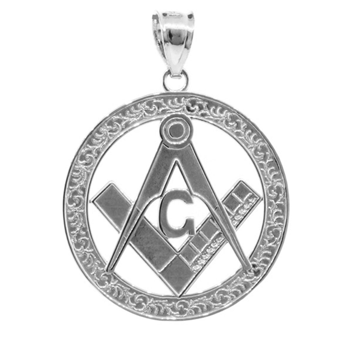 925 Sterling Silver Freemason Square & Compass Round Filigree Pendant