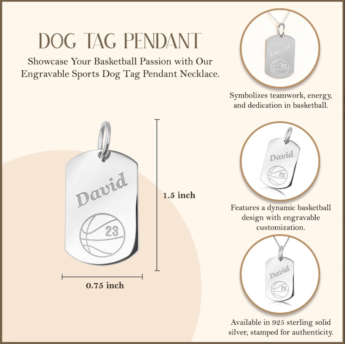 925 Sterling Silver Engravable Basketball Sports Dog Tag Pendant Chain
