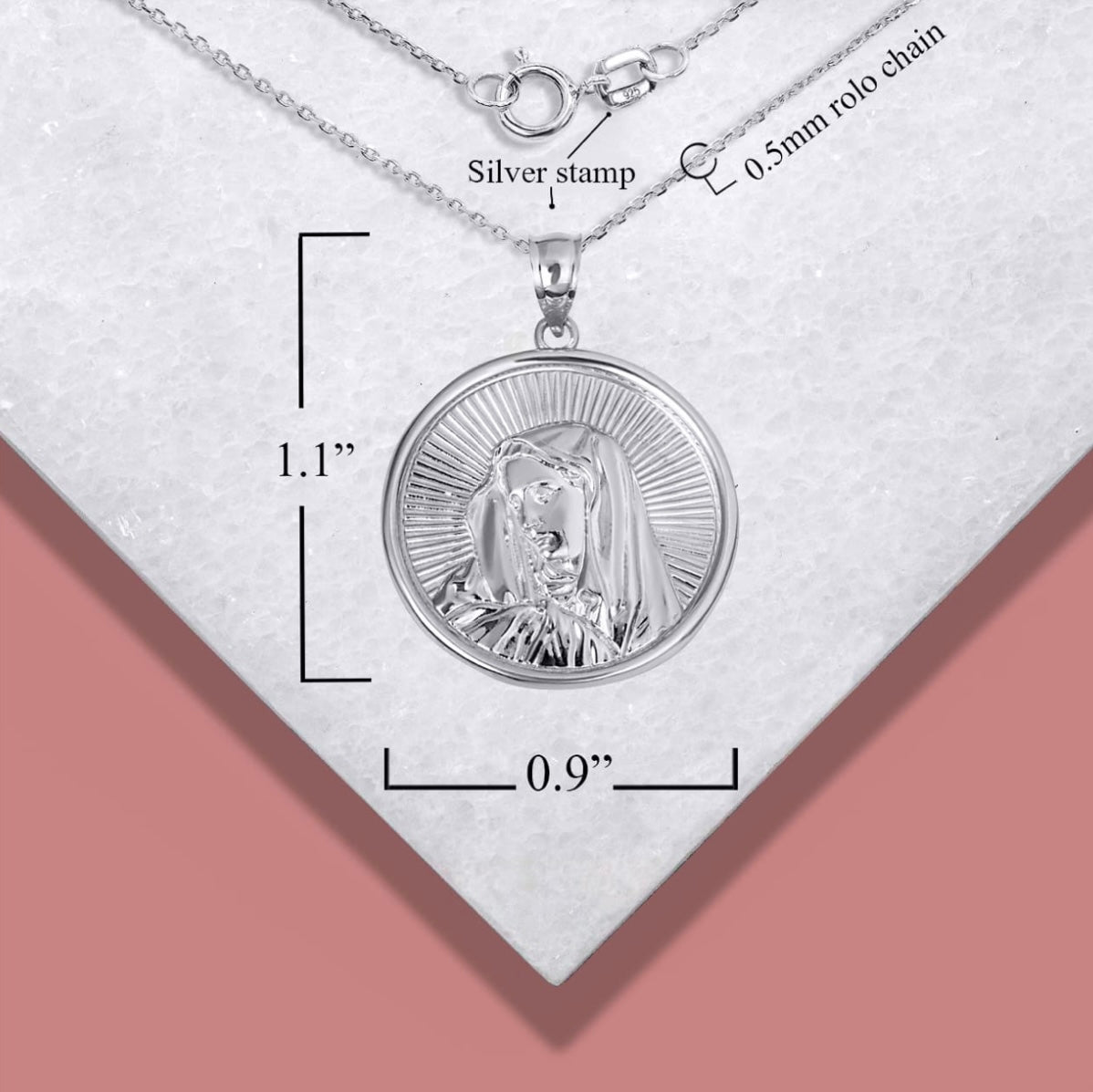 Sterling Silver Saint Mother Virgin Mary Medallion Pendant Chain