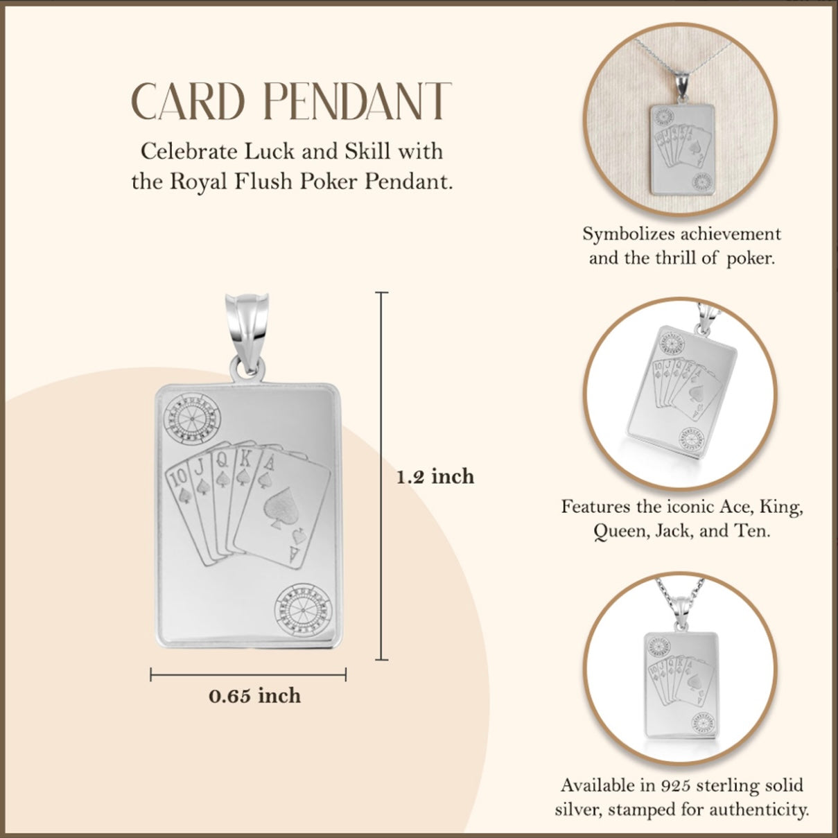 925 Sterling Silver Royal Flush Poker Playing Cards Pendant