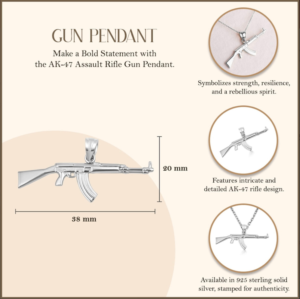 925 Sterling Silver AK-47 Assault Rifle Gun Pendant and Chain