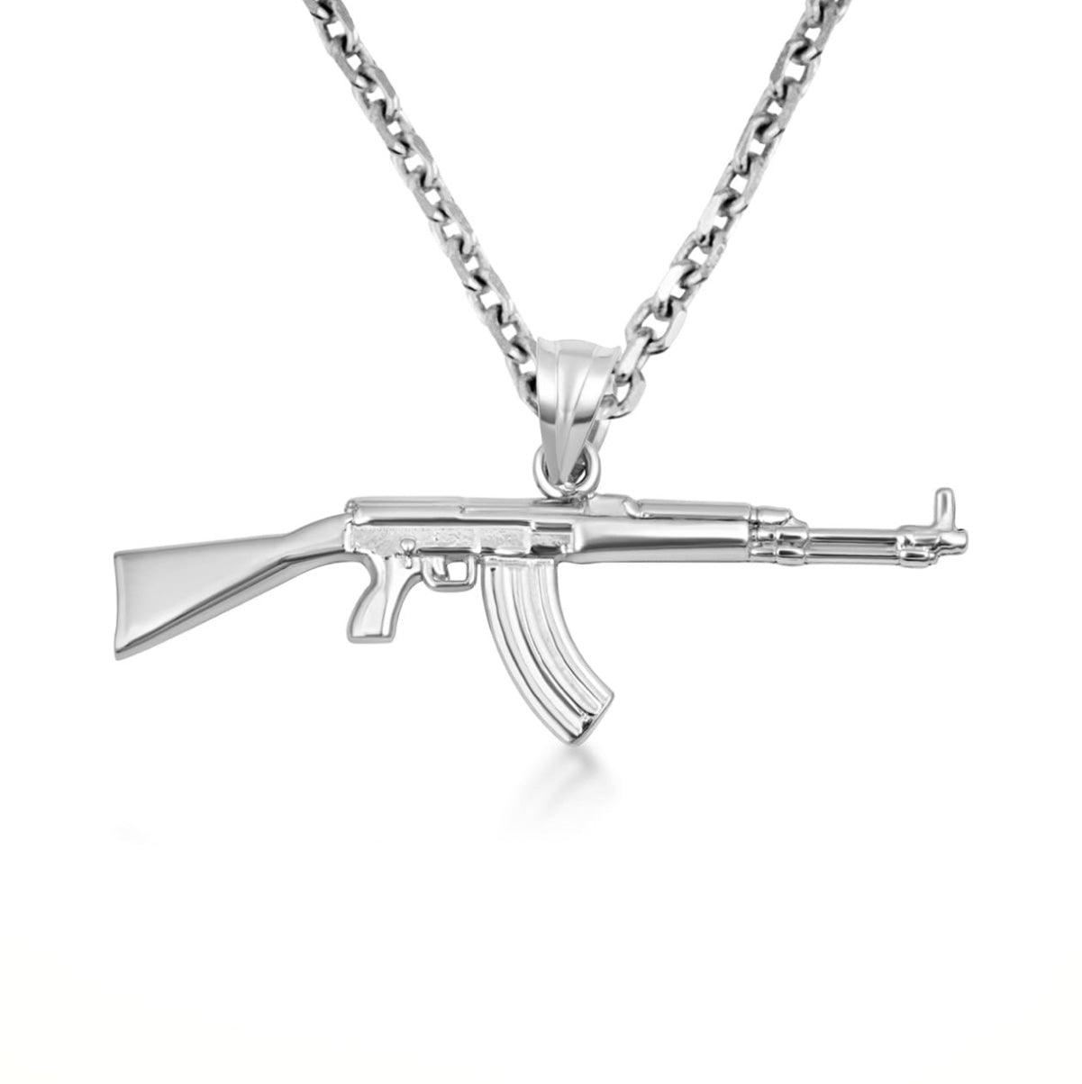 925 Sterling Silver AK-47 Assault Rifle Gun Pendant and Chain