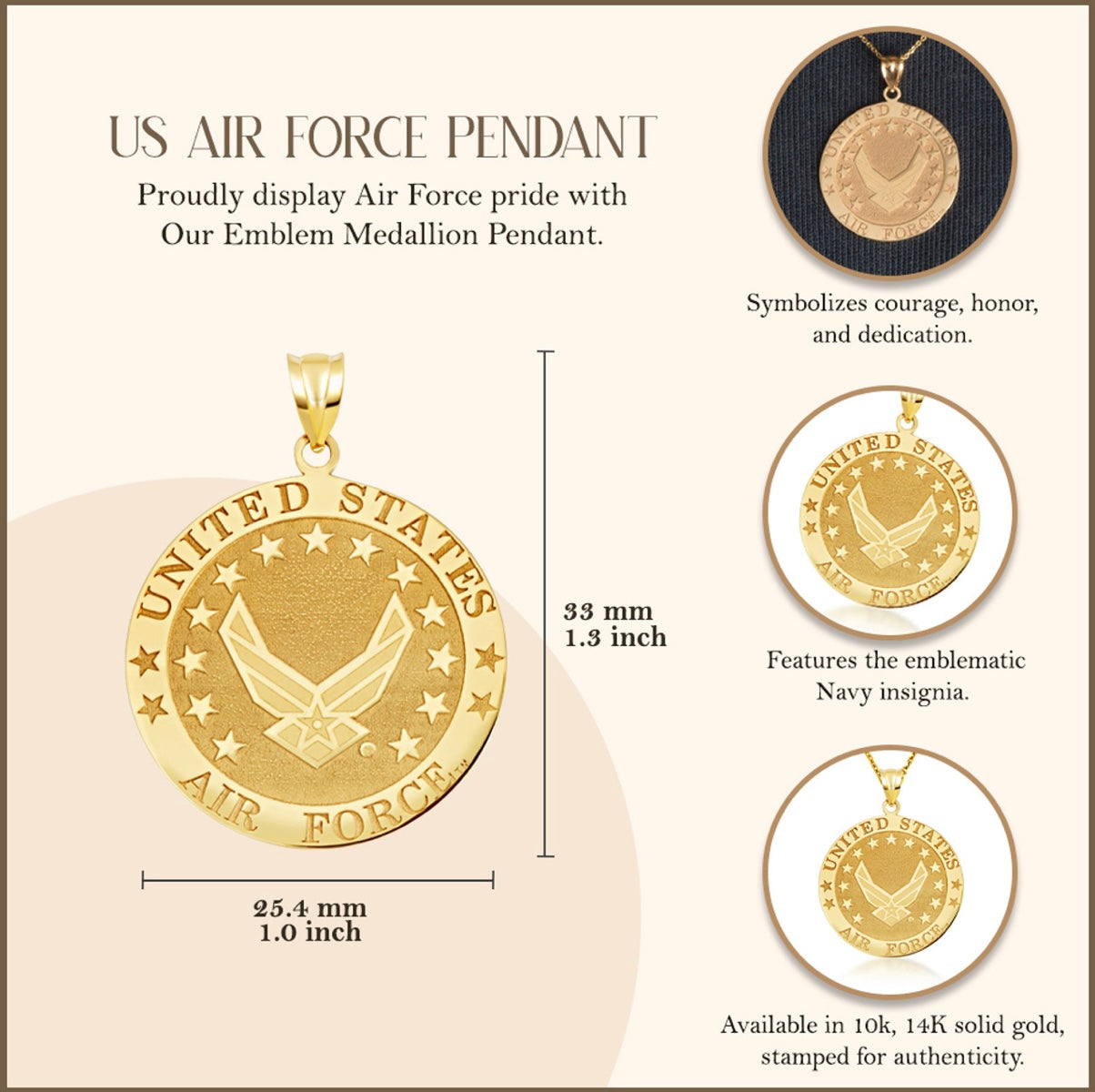 14K Yellow Gold United States Air Force Emblem Officially Licensed Medallion Pendant Chain