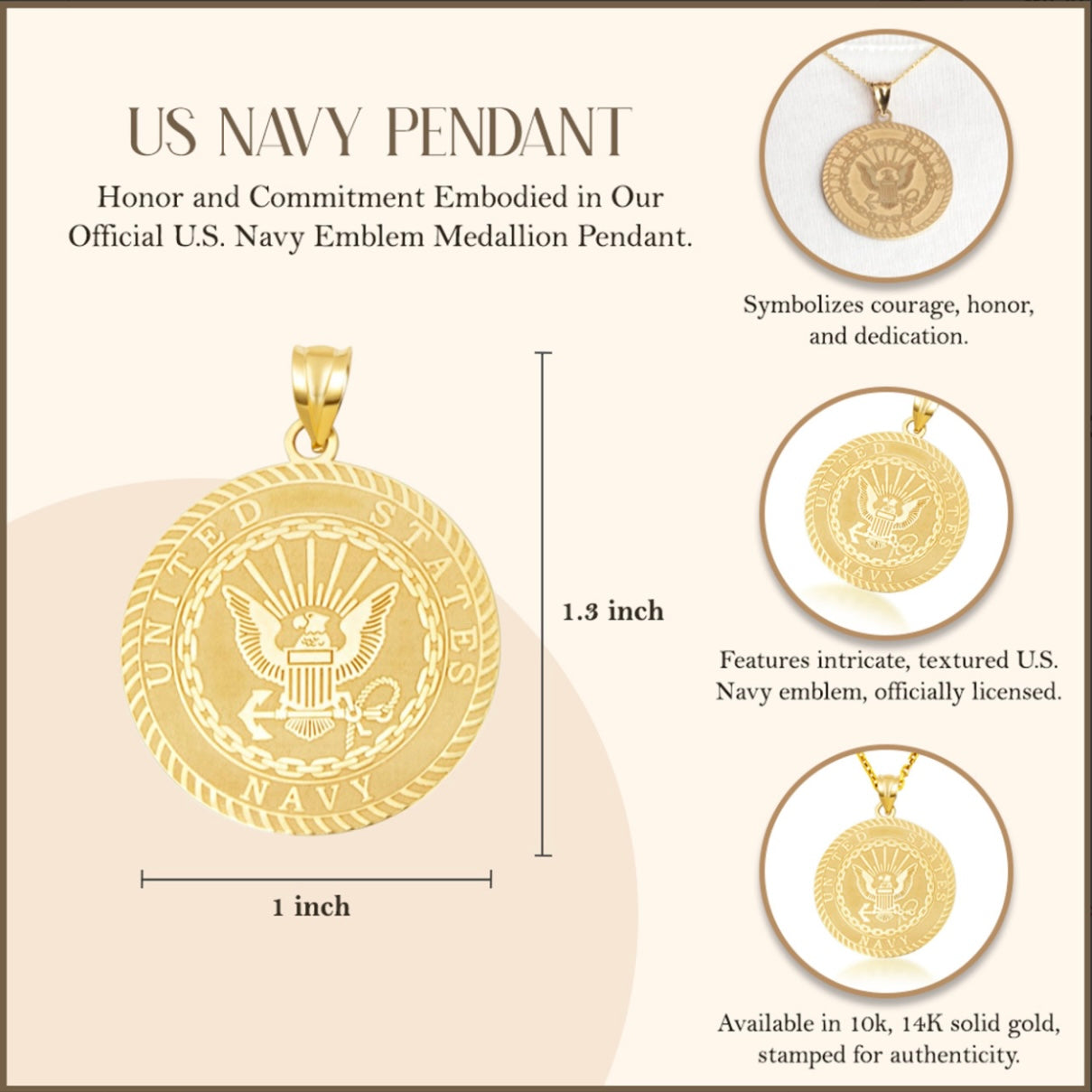 Gold United States Navy Emblem Textured Medallion Officially Licensed Engravable Pendant Chain