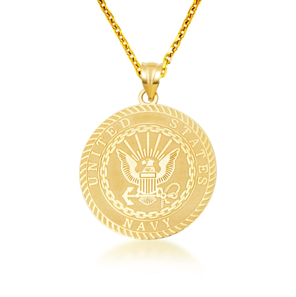 Gold United States Navy Emblem Textured Medallion Officially Licensed Engravable Pendant Chain
