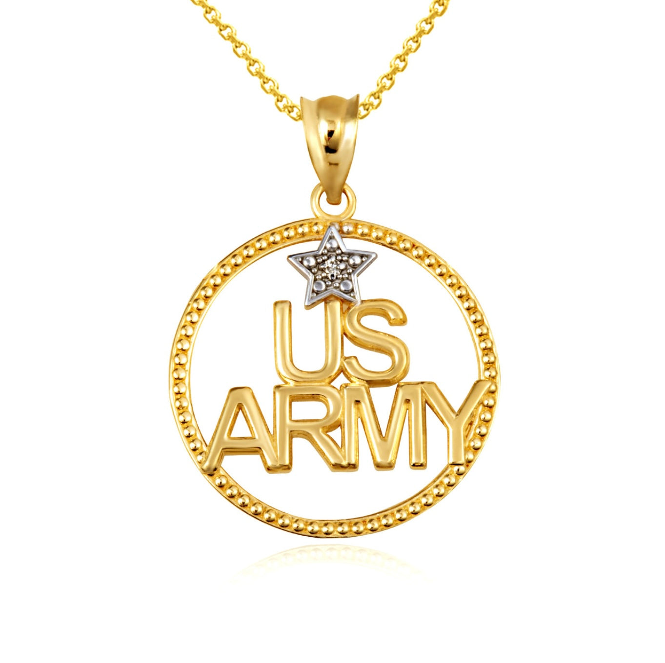 Gold Beaded United States Army Officially Licensed Star Diamond Circle Pendant Chain