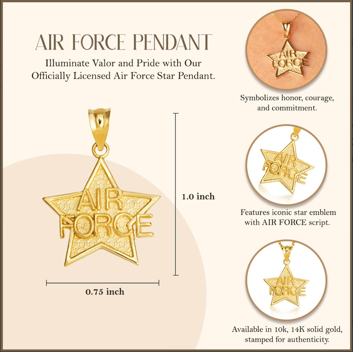 Gold United States Air Force Star Officially Licensed Pendant Chain