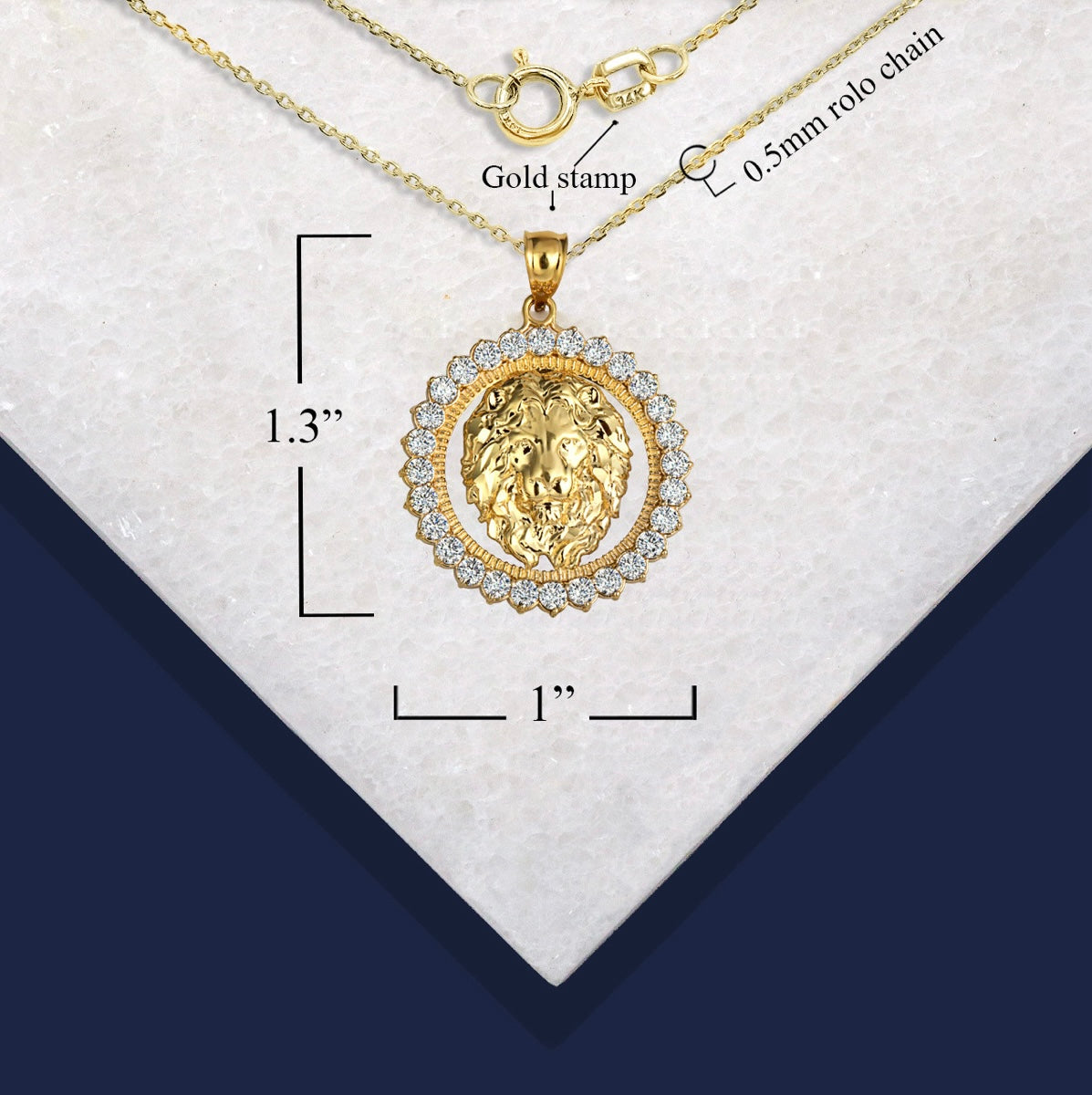 Gold Lion Head Round Cubic Zirconia Pendant Chain