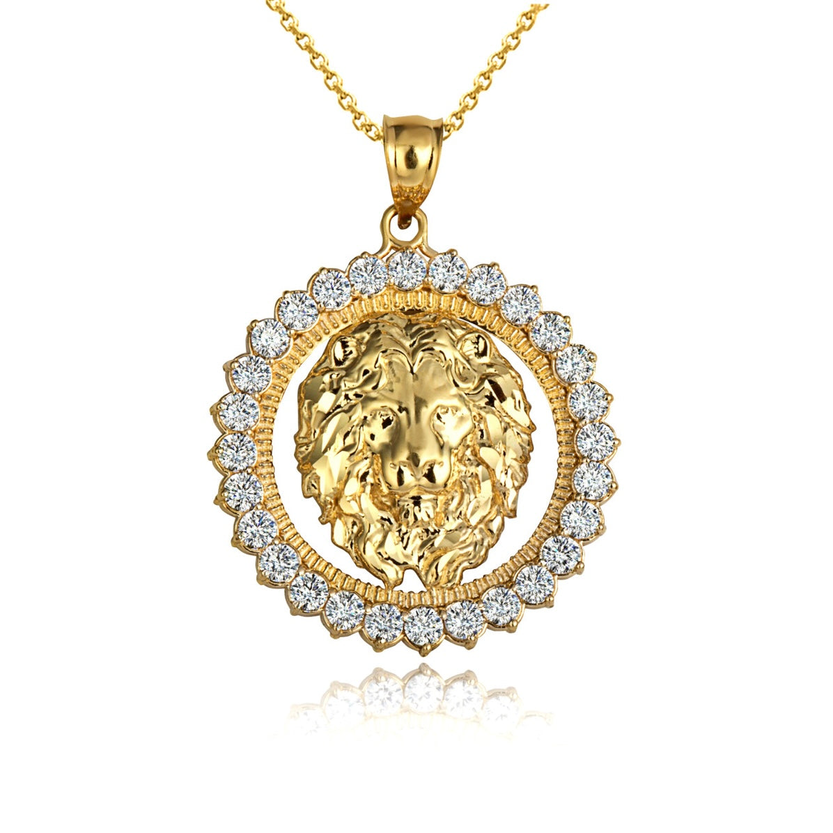 Gold Lion Head Round Cubic Zirconia Pendant Chain