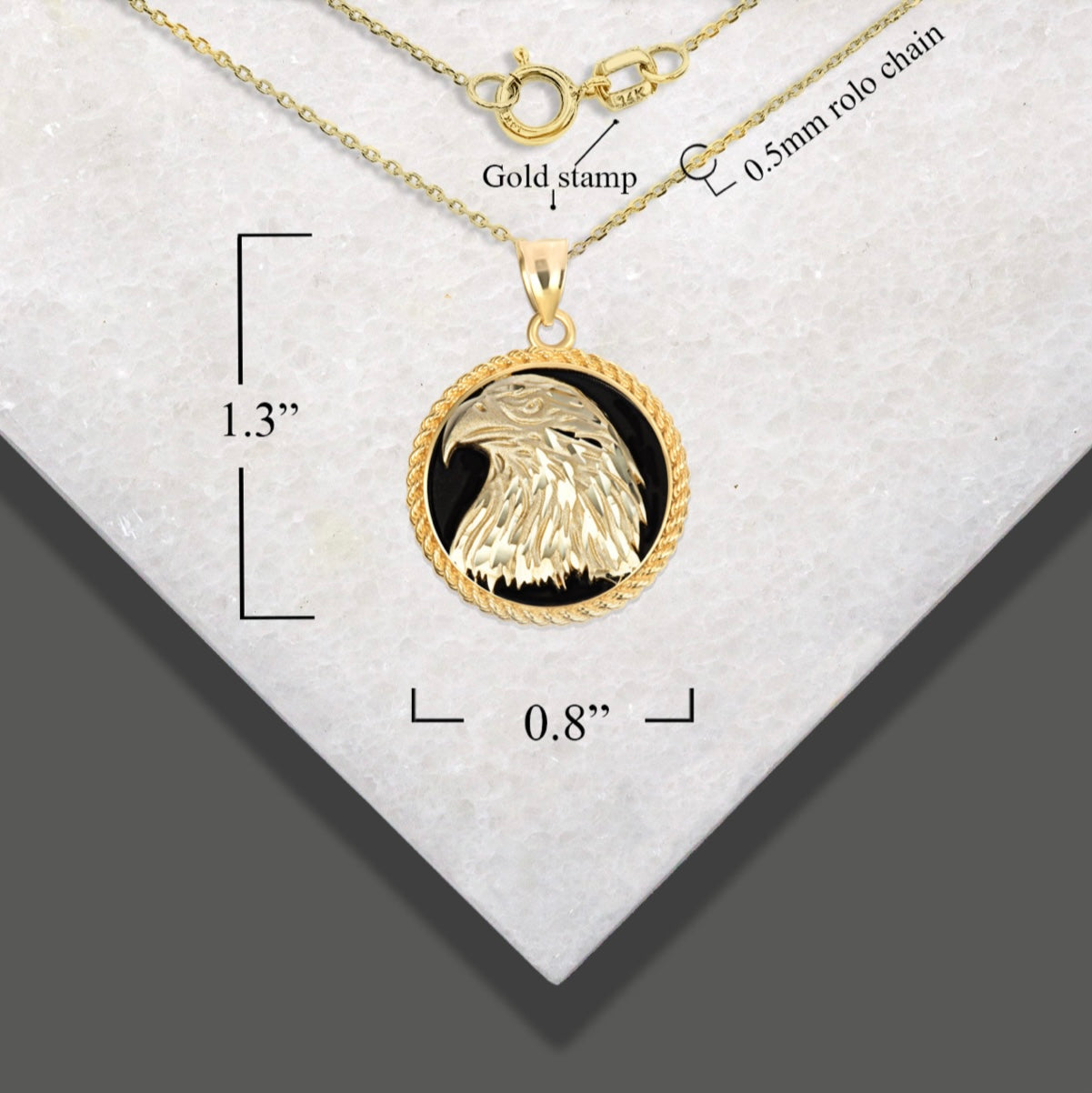 Gold Diamond Cut Eagle Black Onyx Rope Medallion Pendant Chain