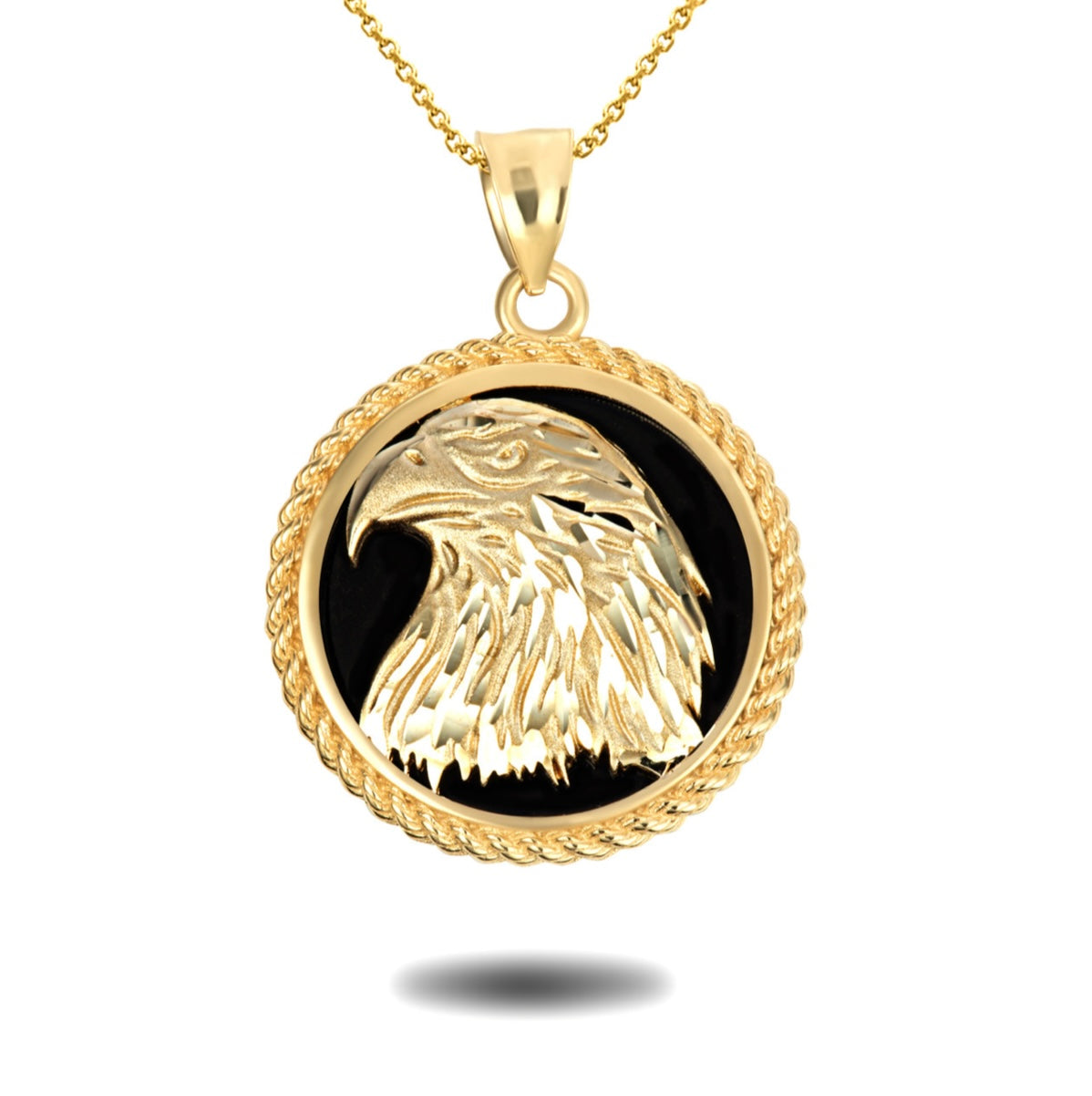 Gold Diamond Cut Eagle Black Onyx Rope Medallion Pendant Chain