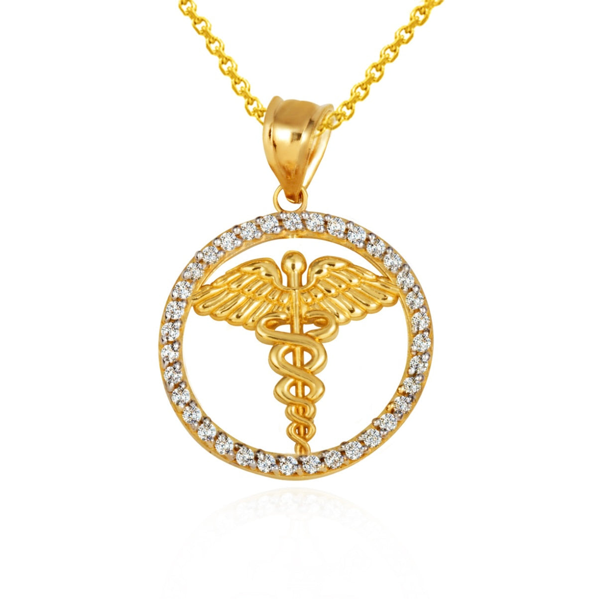 Solid Gold Medical Caduceus Staff Diamond Halo Pendant Chain