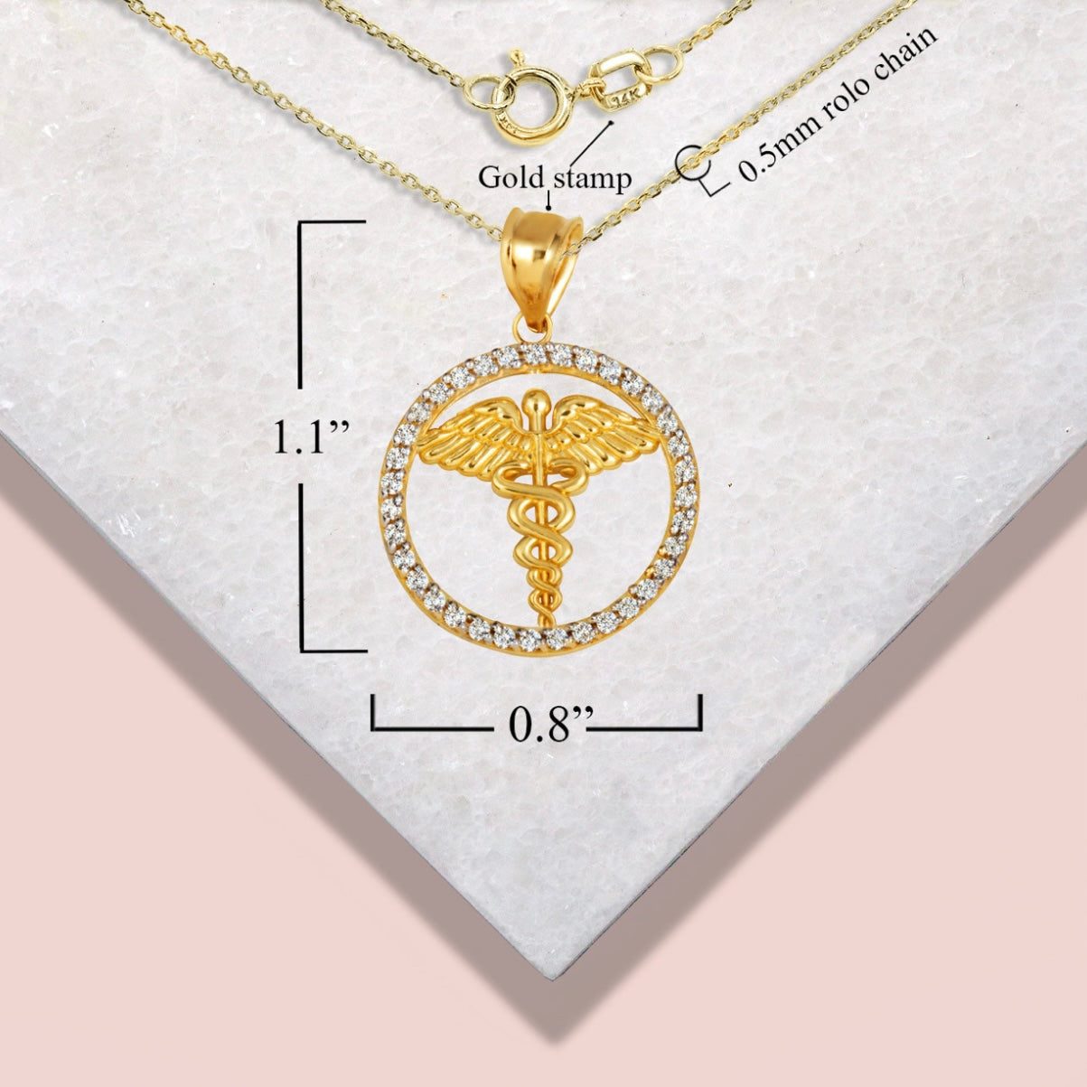 Solid Gold Medical Caduceus Staff Diamond Halo Pendant Chain