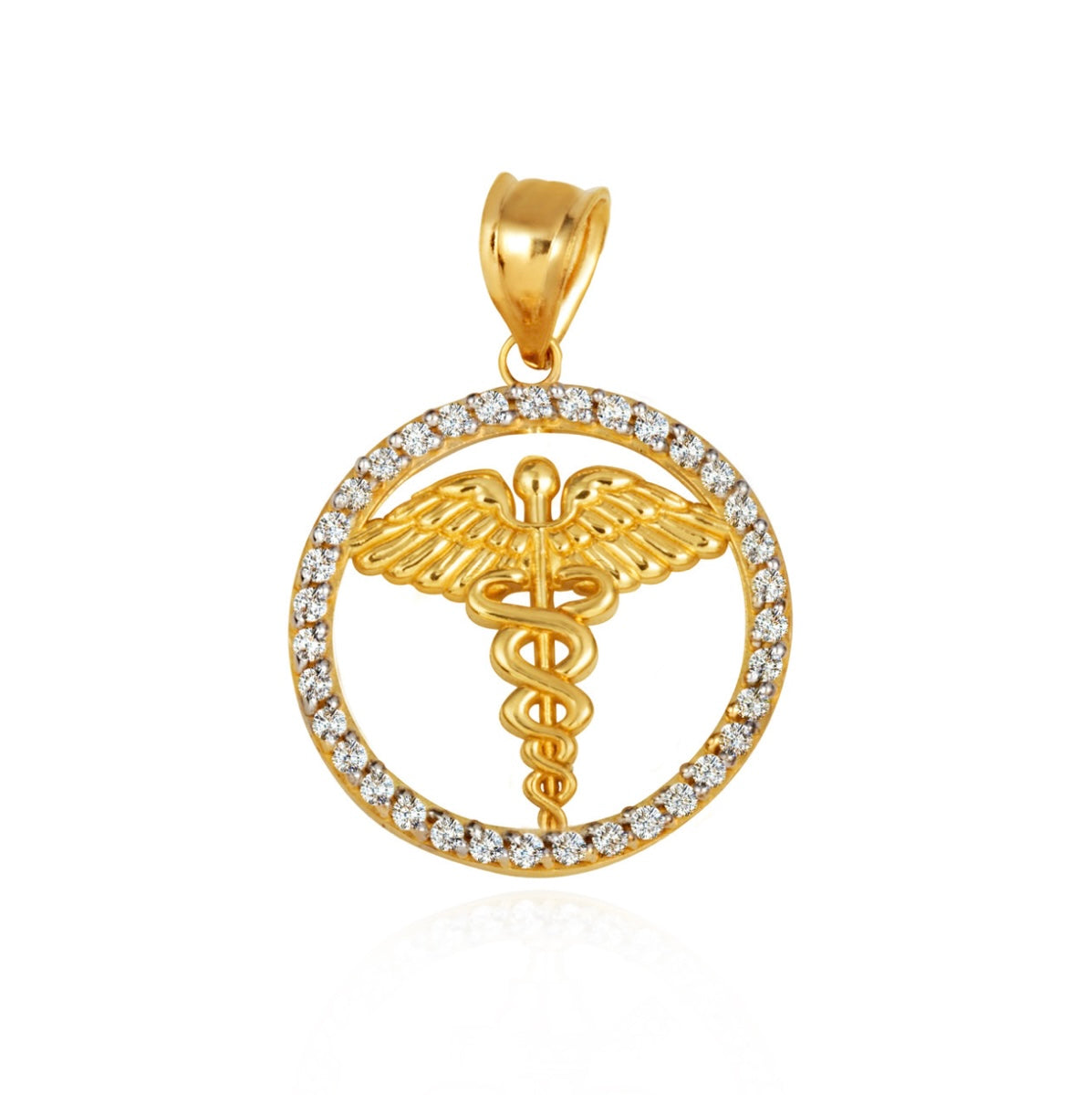 Solid Gold Medical Caduceus Staff Diamond Halo Pendant Chain