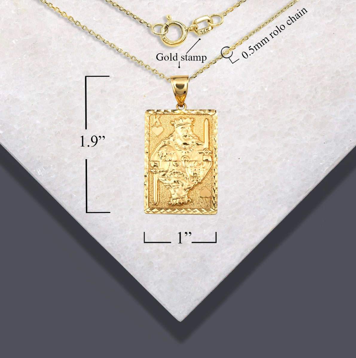 Solid Gold Diamond Cut King Of Hearts Playing Cards Pendant Chain