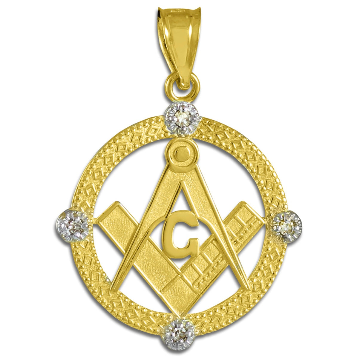 Solid Gold Freemason Diamond Square & Compass Round Beaded Pendant Chain