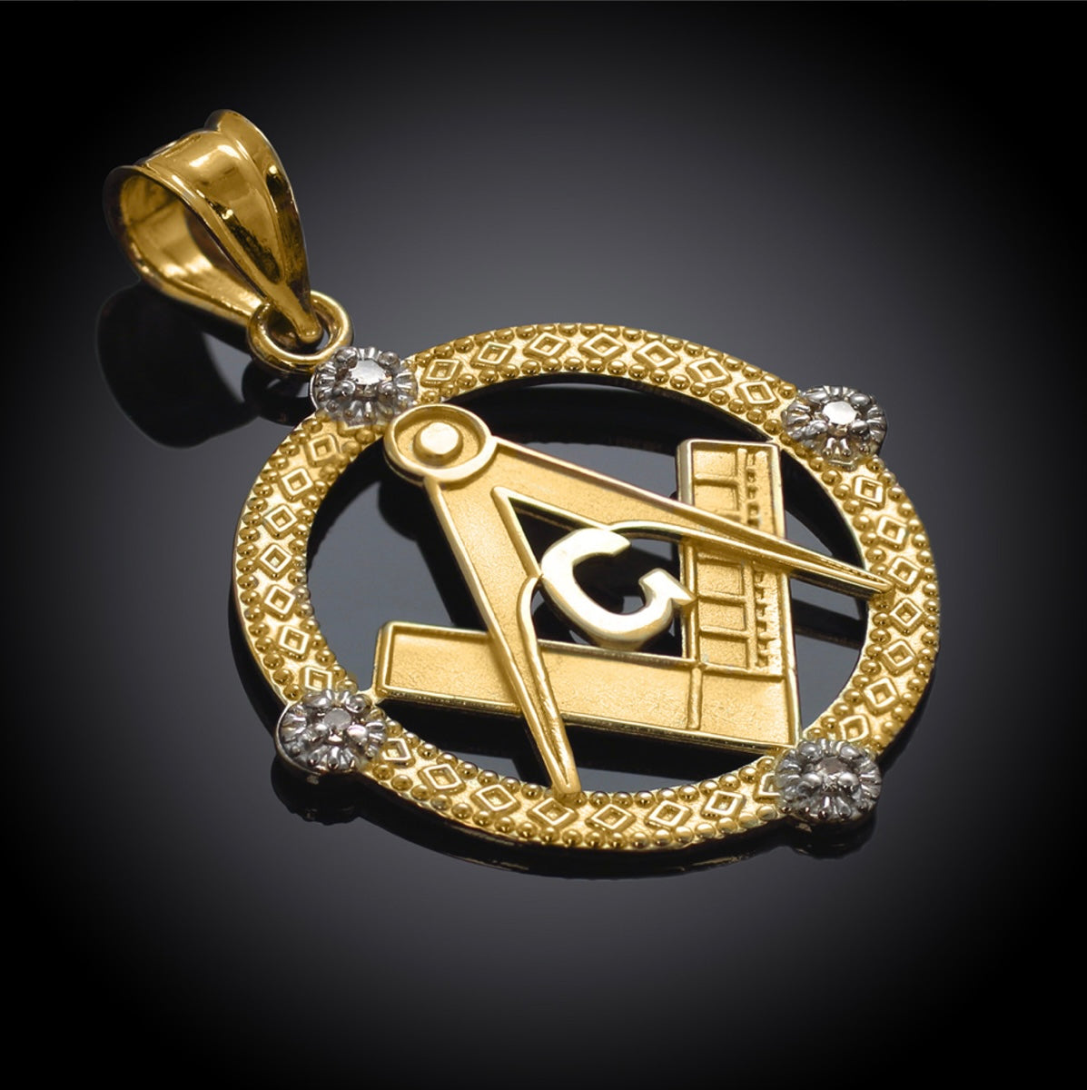 Solid Gold Freemason Diamond Square & Compass Round Beaded Pendant Chain