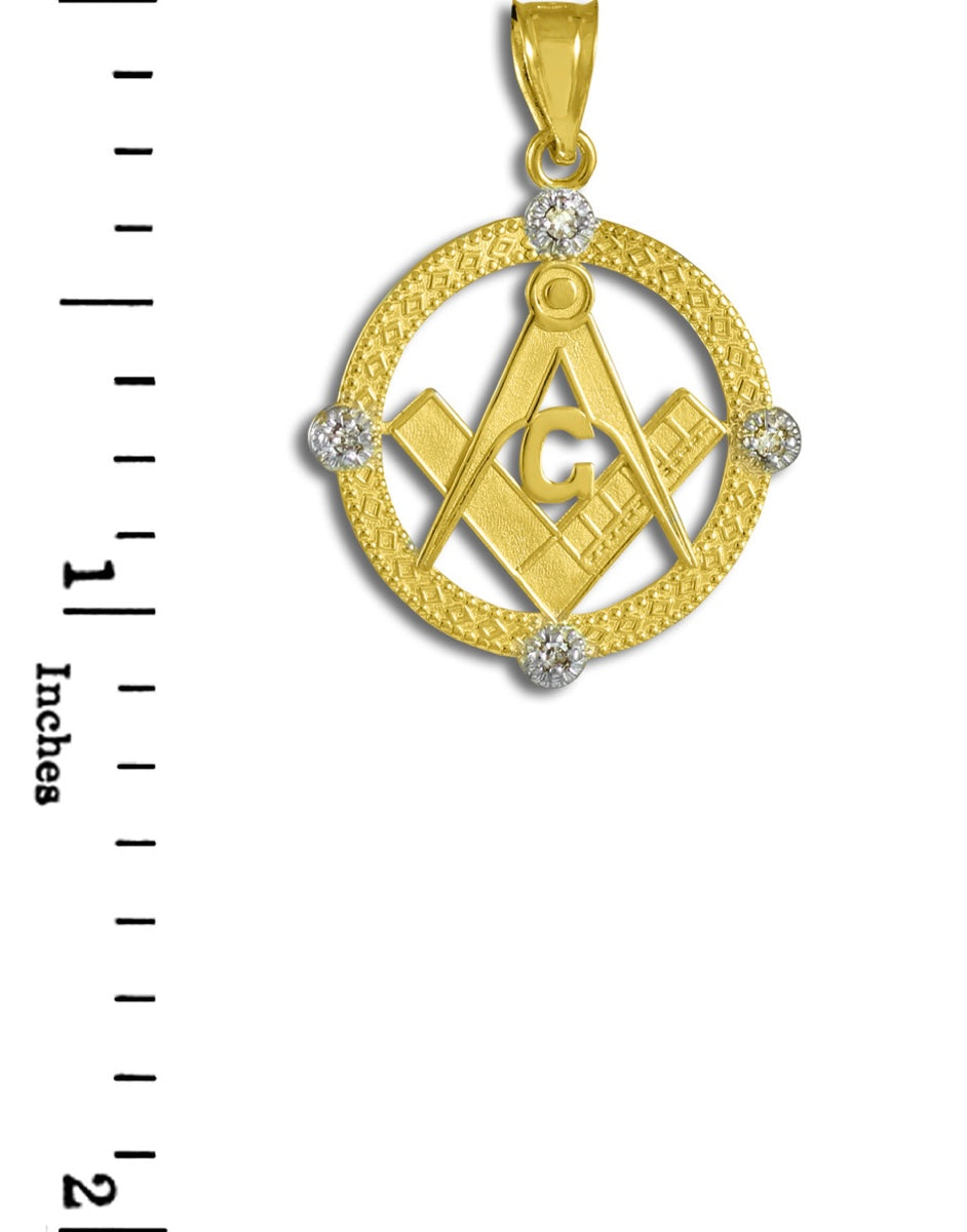 Solid Gold Freemason Diamond Square & Compass Round Beaded Pendant Chain