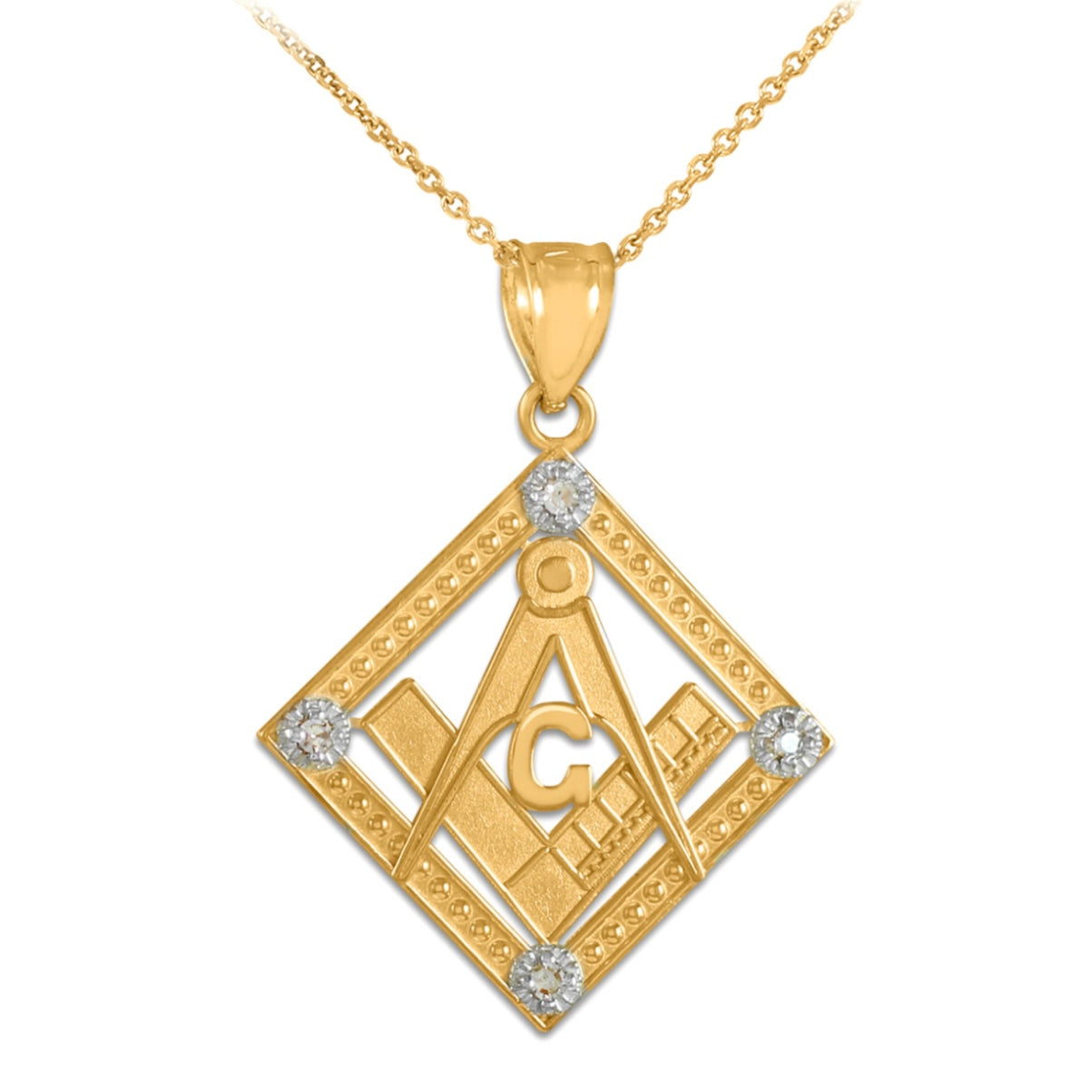 Yellow Gold Freemason CZ Square & Compass Diamond Shaped Pendant Chain