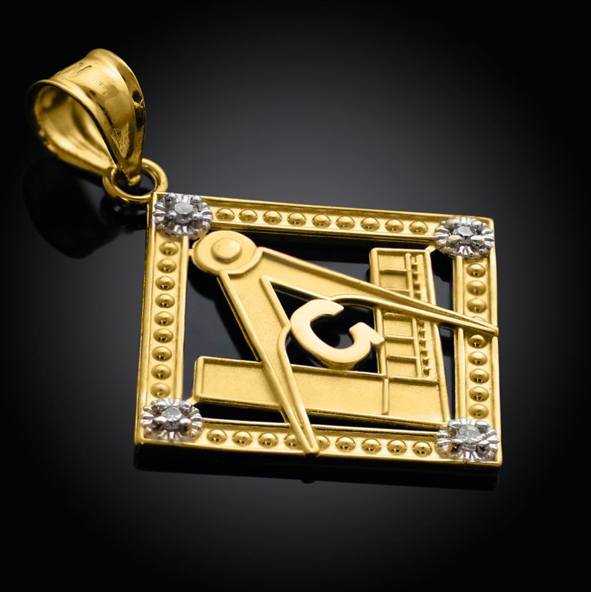 Yellow Gold Freemason CZ Square & Compass Diamond Shaped Pendant Chain