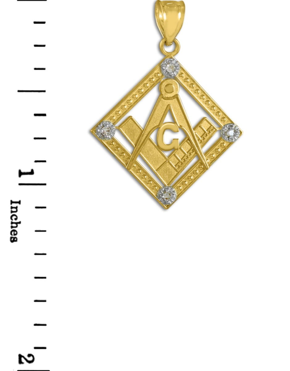 Yellow Gold Freemason CZ Square & Compass Diamond Shaped Pendant Chain